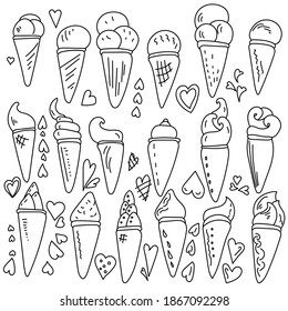 Set of doodle ice cream cones with curled tops, coloring page with cold desserts and hearts outline vector illustration