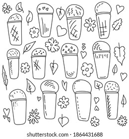 Set of doodle ice cream cups and floral floral elements, contoured cold desserts with different decor vector illustration