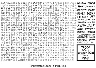 icono del doodle Volver a la escuela, el clima, el negocio, la boda, el dinero, el fitness, los medios de comunicación, el transporte, la construcción, la música