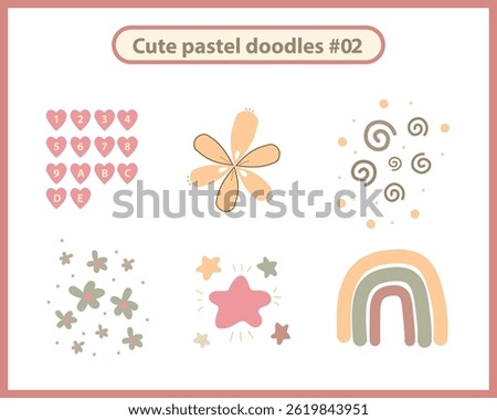 set doodle icon with hearts, spirals, flower, rainbow and sparkles. Soft Pastel color palette. Ideal for digital planners, social media graphics, printable art, nursery decor, and scrapbooking.