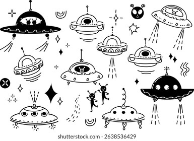 set doodle icon ufo day. line art vector illustration