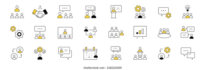 Set Of Doodle Icons Business Meeting, Conference, Teamwork Discussion, Partnership, Handshake. Speech Bubbles, White Board With Chart, Online Communication Isolated Signs, Line Art Vector Illustration