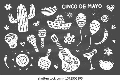 Set of doodle icons for Cinco de mayo celebration isolated on the blackboard.