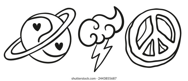 set of doodle icons elements in vector.teenage subcultural objects.line art for stickers, print, app, design, web site, label, poster, postcard