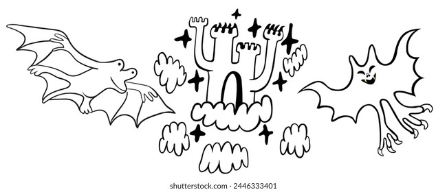 set of doodle icons elements in vector.teenage subcultural objects.line art for stickers, print, app, design, web site, label, poster, postcard