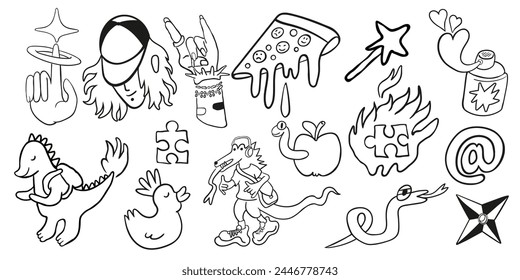 set of doodle icons elements in vector.teenage subcultural objects.line art for stickers, print, app, design, web site, label, poster, postcard