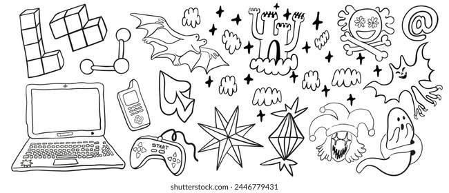 set of doodle icons elements in vector.teenage subcultural objects.line art for stickers, print, app, design, web site, label, poster, postcard