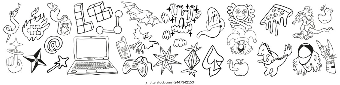 set of doodle icons elements in vector.teenage subcultural objects.line art for stickers, print, app, design, web site, label, poster, postcard