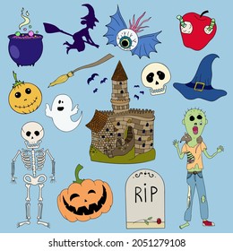 A SET OF DOODLE ICONS FOR HALLOWEEN