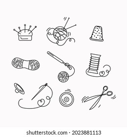 Set of Doodle icons handmade and needlework. Sewing tools, knitting. Rector illustration isolated background.