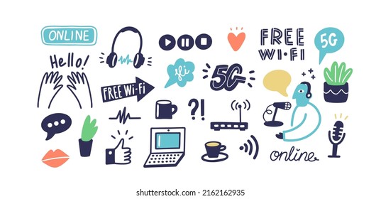 Set of doodle icons for internet and blog design, Vector signs for website.