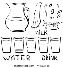 Set doodle icons - Jug and glasses with a drink - splashing and pouring glass. Doodle glass: empty, partially filled, half full, full. Image include hand drawing words: Water, Milk, Drink