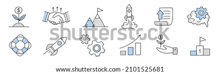 Set of doodle icons money plant, handshake, flag on rock peak, rocket startup launch, paper document, brain and gear. Lifebuoy, growing arrow graph, hand with seedling, Linear vector business signs