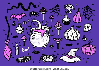 Set of doodle icons on Halloween theme. Vector hand drawn illustrations on purple background. Grunge textures. Scary stickers.