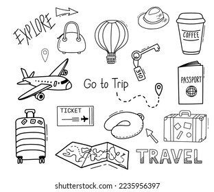 Set of doodle icons on theme of travel and trip. Vector line illustrations of plane, suitcase, map, ticket and balloon isolated on white