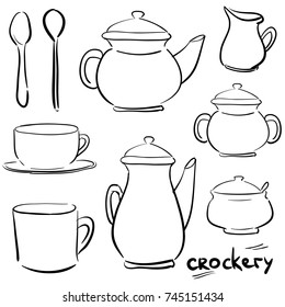 Set doodle icons - Service Tea and coffee - teapot, coffeepot, sugar bowl, jug, cup, mug, teaspoons. Outline icons