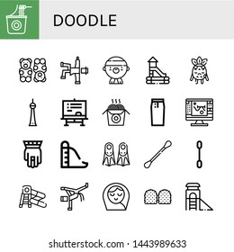 Set of doodle icons such as Instant noodles, Gummy bear, Hip hop, Gangsta, Slide, Sad, Berlin, Chalkboard, Noodles, Pencil skirt, Sketch, Hamsa, Fins, Cotton swabs, Cotton swab , doodle