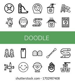 Set of doodle icons. Such as Sad, Blushing, Slide, Gangsta, Baby girl, Gummy, Instant noodles, Noodles, Water slide, Question, Fins, Hip hop, Pencil skirt, Smile , doodle icons