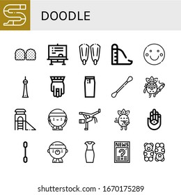 Set of doodle icons. Such as Slide, Gummy, Chalkboard, Fins, Smile, Berlin, Hamsa, Pencil skirt, Cotton swabs, Drawing, Gangsta, Capoeira, Blushing, Cotton swab , doodle icons