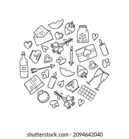 A set of doodle icons for Valentine s Day or wedding. Vector illustration of romantic accessories candles hearts ring bottle and glasses of wine, strawberry chocolate gift lips.