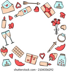 A set of doodle icons for Valentine s Day or wedding. Vector illustration of romantic accessories candles hearts ring bottle and glasses of wine, strawberry chocolate gift lips
