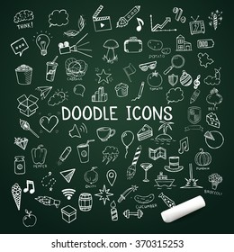 Set of doodle icons, vector hand-drawn objects, illustration on chalkboard