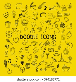 Set of doodle icons, vector hand-drawn objects on yellow background