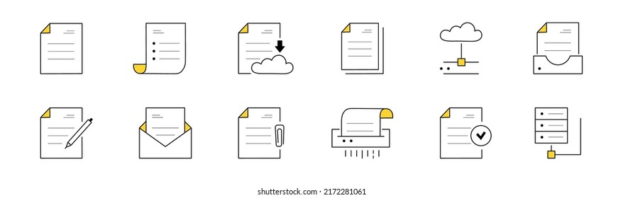 Set of doodle icons work with documents, online archive storage. Isolated vector linear signs upload to the cloud, shredding paper, files and folders with pen, envelope