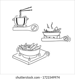 Set doodle illustration of cooking on a hot plate. Various versions of Asian dishes. Vector isolated on a white background.