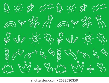 Un conjunto de ilustración de doodle con fondo verde, elemento de Plantilla de negocios, redes sociales. Diseño del ornamento, forma abstracta	