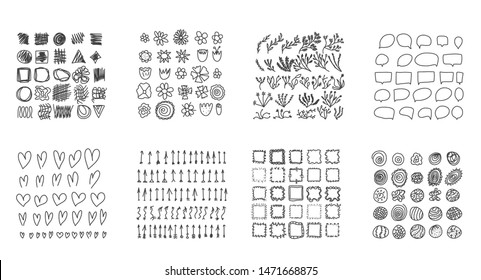 Set of doodle illustration. Hand drawn icons with arrows, speech bubbles, frames, collage elements. Vector collection.