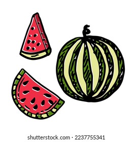 Set of Doodle Illustration of watermelon slice and whole. Concept of healthy lifestyle and ripe fruits