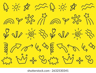 Un conjunto de ilustración de doodle con fondo amarillo, elemento de Plantilla de negocios, redes sociales. Diseño del ornamento, forma abstracta	