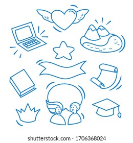 Set of doodle illustrations about the goal, projectl. Vector, hand drawn, on a white background.