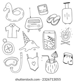 Set of doodle illustrations about vacation, sea, travel, hiking. Vector isolated illustration.