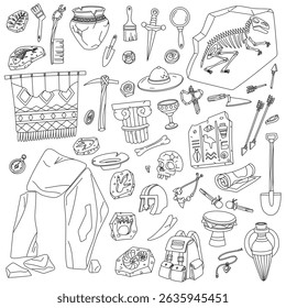 set of doodle illustrations of archaeological objects. Collection of historical finds is monochrome. For educational projects, infographics, books, presentations, design on historical topics