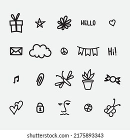 Set of doodle illustrations: box, star, insects, plants, cloud, envelope, face, candy, hearts, lock, stationary and different symbols.