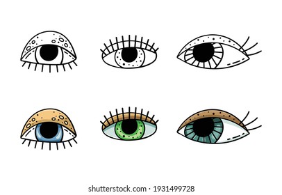 Set of doodle illustrations of cartoon eyes. Beautiful eyes with lashes.