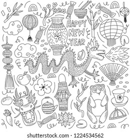 Set of doodle illustrations for Chinese New year, dragon, food, coin, porcelain, bamboo etc. 