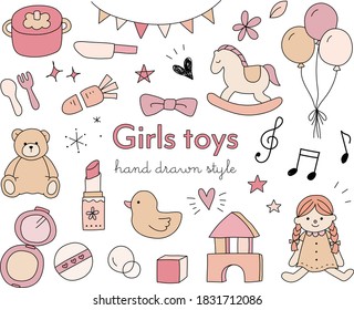 Set of doodle illustrations of cute girl items