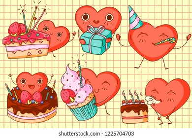 A set of doodle illustrations with a cute heart character in a Happy Birthday theme, with cakes, gifts, cupcakes. For leaflets, banners, posters, menus, etc. Kids style.