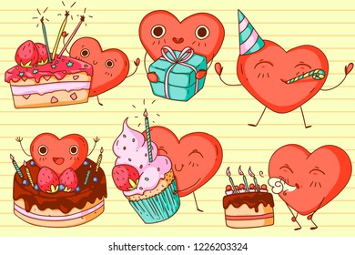 A set of doodle illustrations with a cute heart character in a Happy Birthday theme, with cakes, gifts, cupcakes. For leaflets, banners, posters, menus, etc. Kids style.
