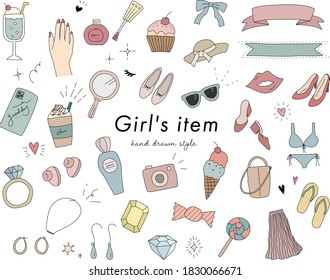 Set of doodle illustrations of cute items for girls and women