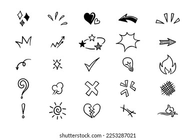 A set of doodle illustrations. The illustrations have elements of doodles, stars, sparkles, hearts, decorations, frames, speech;