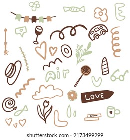 A set of doodle illustrations. The Japanese word means the same as the English title. The illustrations have elements of doodles, stars, sparkles, hearts, decorations, frames, speech bubbles, arrows.