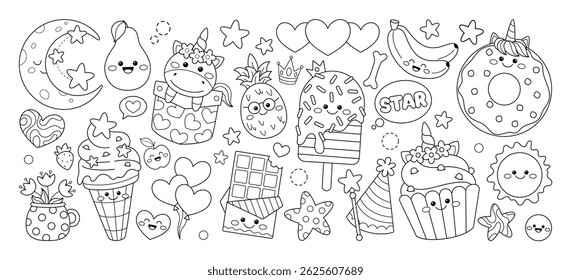 Set of doodle illustrations on kawaii theme. Vector illustration