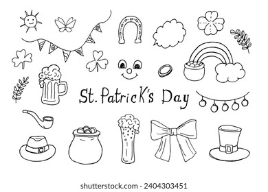 Set of doodle illustrations on St. Patrick's Day. Black and white drawings of beer, clover, rainbows, coins. Isolated vector images on white background.