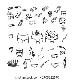 Set of Doodle illustrations on the theme of menstruation. Vector set of hygiene accessories, tablets, women's underwear. The set consists of female pads, menstrual cups, tablets, calendar, underwear..