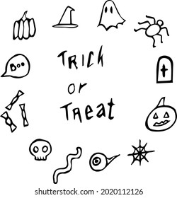 Set of doodle illustrations on the theme of Halloween. Trick or treat. Doodle icons of pumpkin, ghost, tombstone, worm, candy, spider, pointed hat, lettering, skull, cobweb.