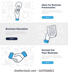 Set of doodle illustrations on three themes: Business education, Great Ideas and Negotiation success. Vector with many objects like money, coins, target, time, percent, conversation, charts and other.